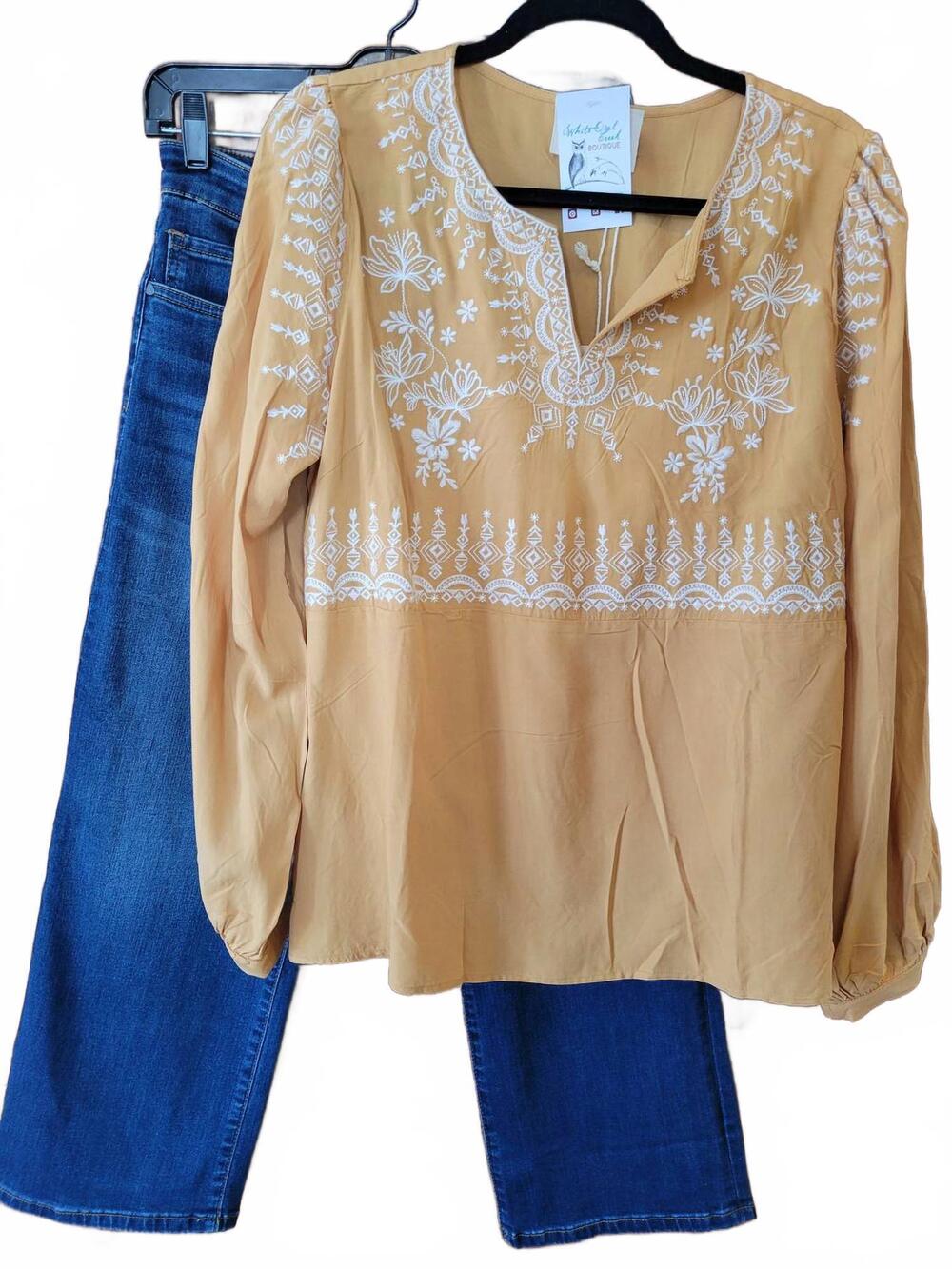 NEW ANDREE BY UNIT women's embroidered top in marigold yellow